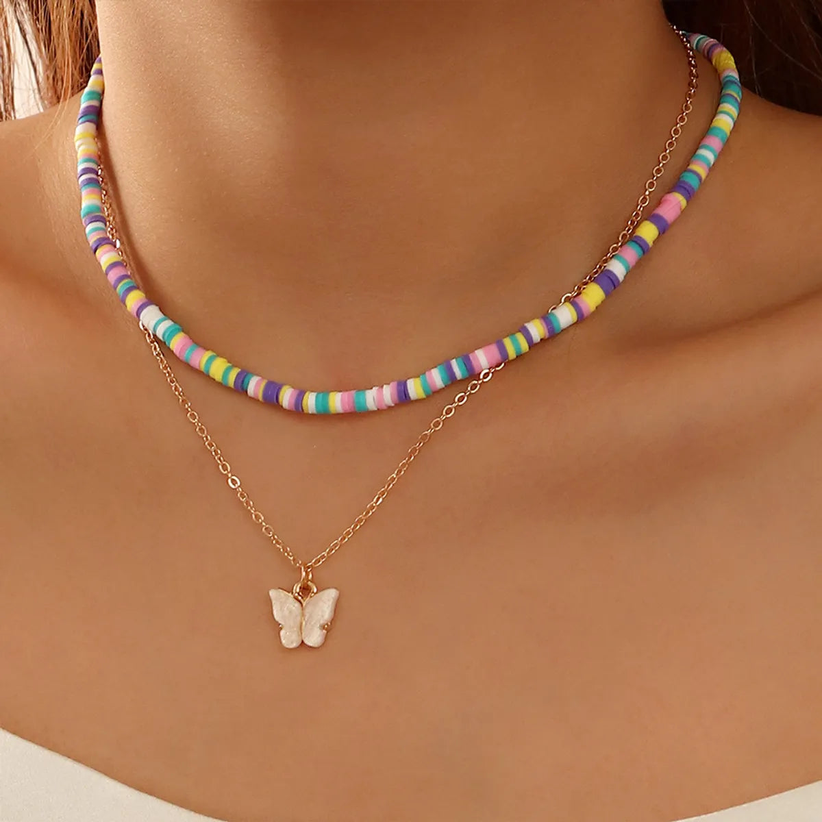 Women’s large pendant necklaces-Jewelry New Bohemian Color Rice Bead Double Butterfly Pendant Necklace Wholesale