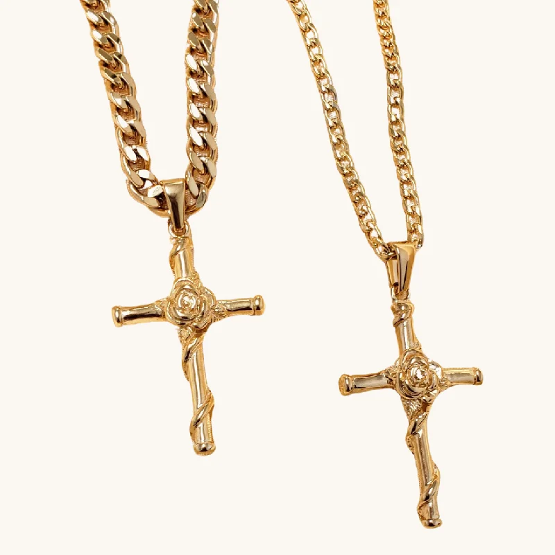 Women’s men’s style necklaces-Rose Wrapped Cross Necklace Set