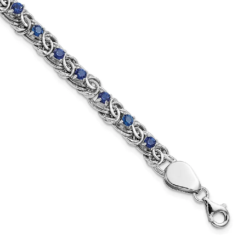 Women’s bangle bracelets-Sterling Silver Rhodium-plated Polished Blue Glass Flat Link 7.5in Bracelet-WBC-QG5928-7.5