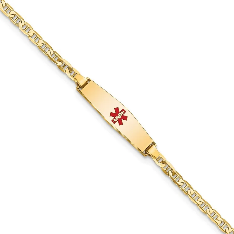 Women’s holiday bracelets-14k Yellow Gold 5.5mm Medical Soft Diamond Shape Red Enamel Flat Anchor Link ID Bracelet, 6"