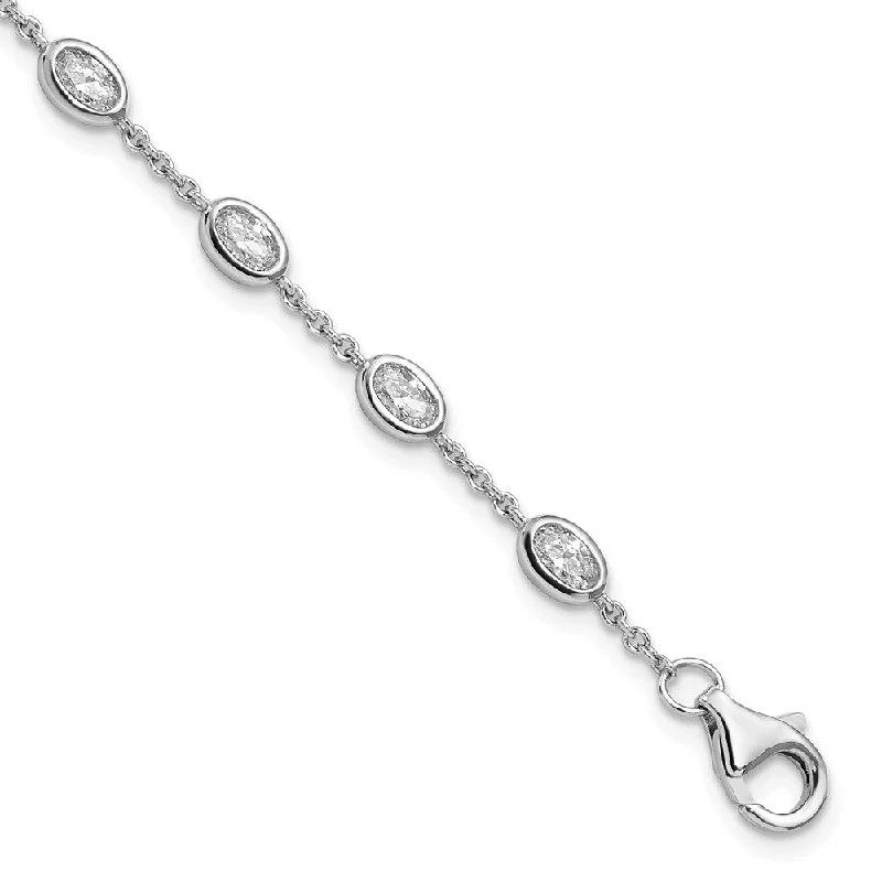 Women’s pearl bracelets-Sterling Silver Rhodium-plated Oval CZ w/1in ext 11 Station Bracelet-WBC-QG5904-6.5