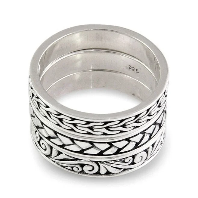 Women’s eternity rings-Handmade Set of 3 Men's Sterling Silver Three Principles Rings (Indonesia)