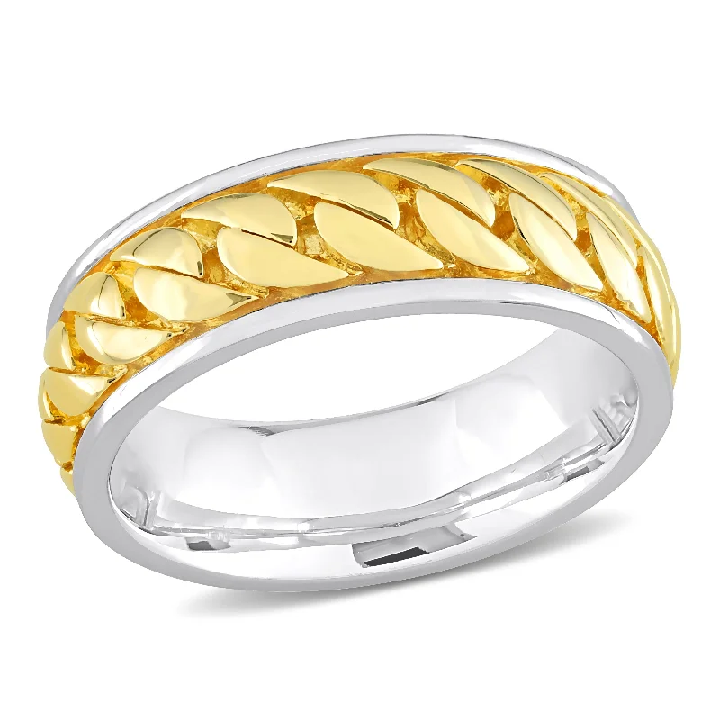 Women’s anniversary rings-Miadora Ribbed Design Mens Ring in Sterling Silver with Yellow Gold Plating