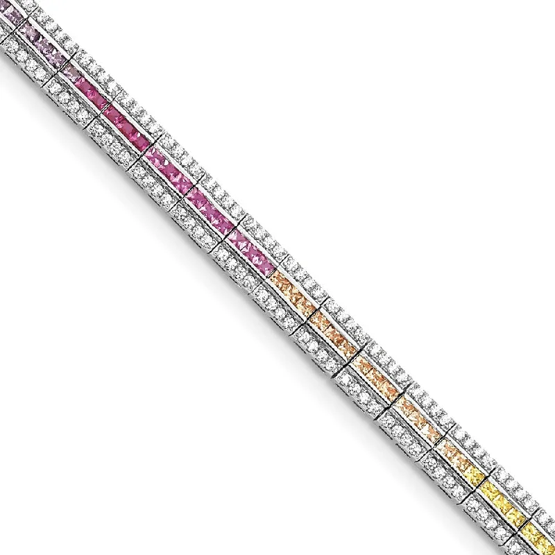 Women’s classic cuff bracelets-Sterling Silver Rhodium-plated Channel-Set Colorful & Clear CZ Bracelet-WBC-QG5667-7.25