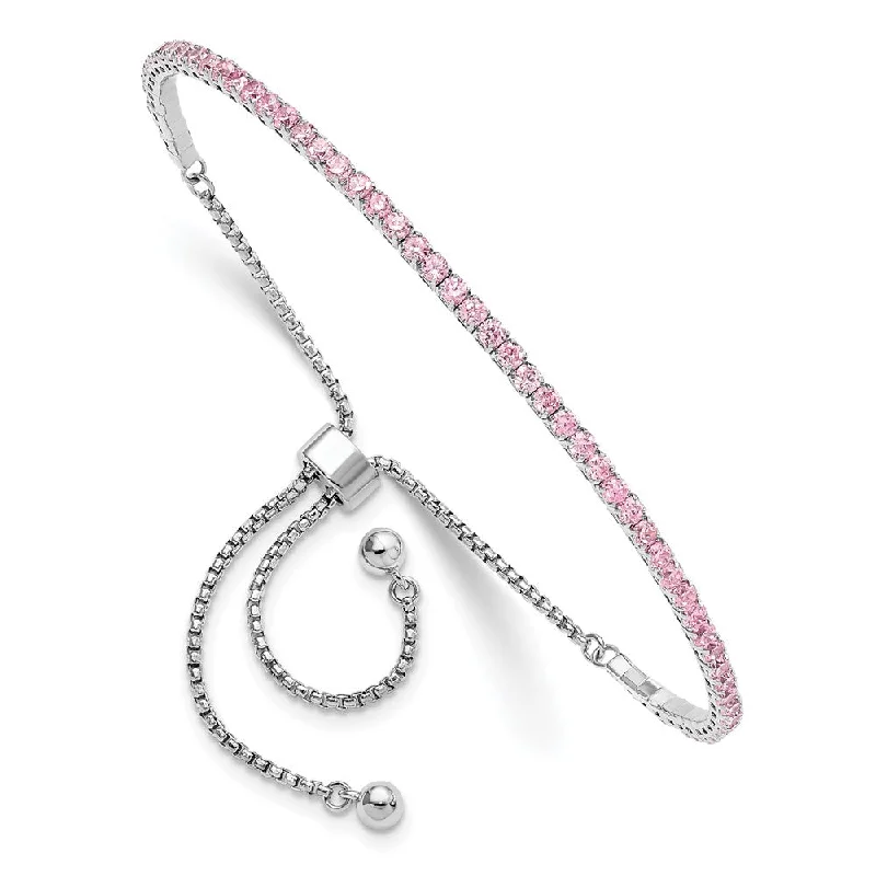 Women’s chunky bracelets-Sterling Silver Rhod-Plated October Light Pink CZ Adjustable Bracelet-WBC-QG5696OCT