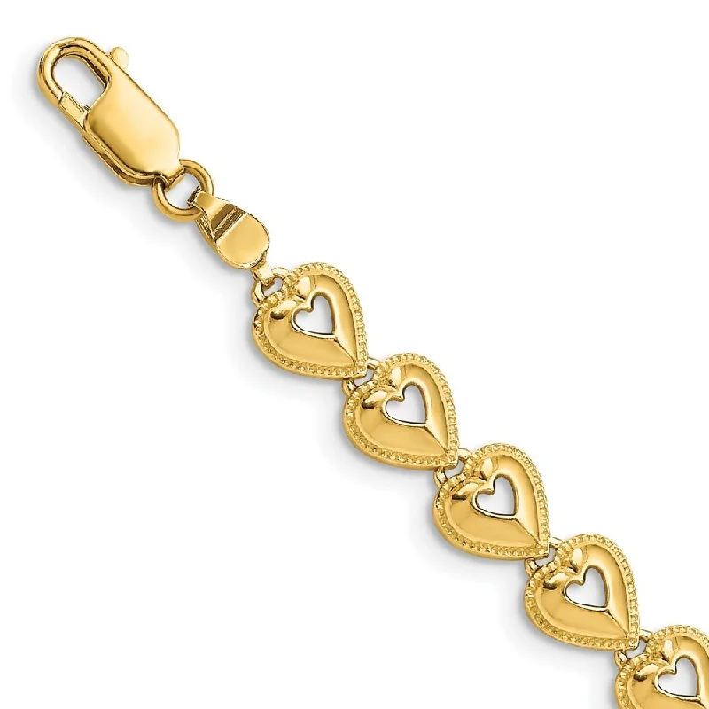 Women’s luxury bangles-14k Yellow Gold 6.77mm Polished Beaded Hearts Bracelet, 7"