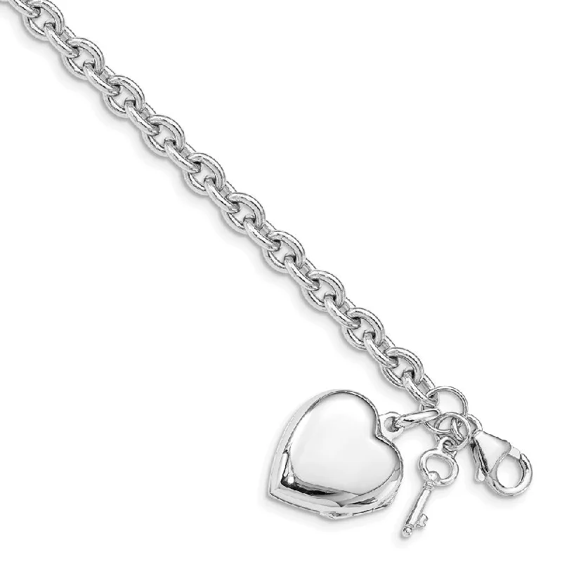 Women’s thin bangles-Sterling Silver Rhodium-plated Puffed Heart Locket Bracelet-WBC-QG4855-7.25