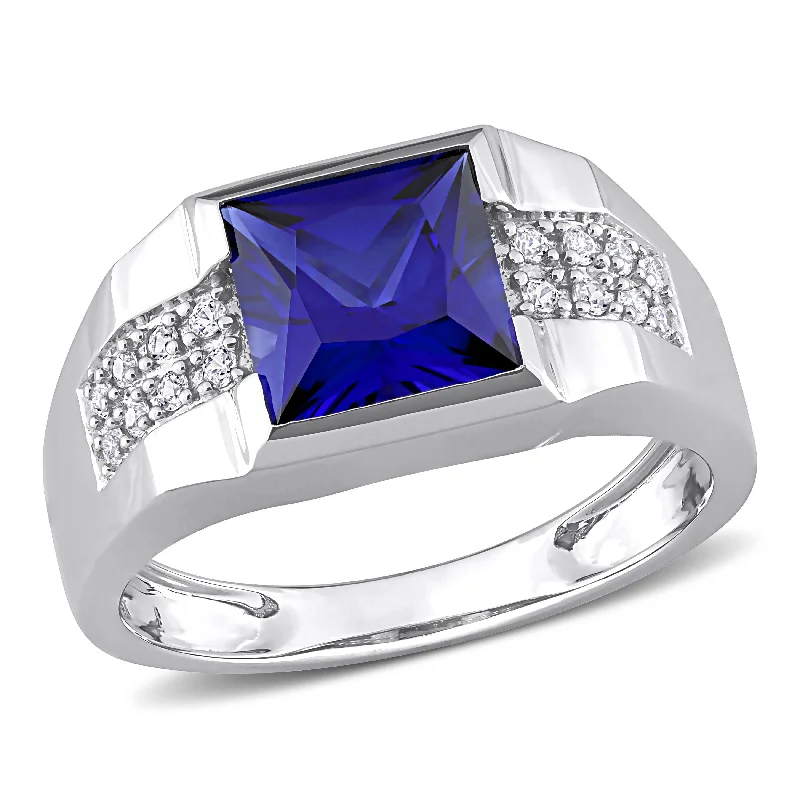 Women’s luxury wedding rings-Miadora 3 1/4 CT TGW Created Blue and White Sapphire Mens Ring in 10k White Gold