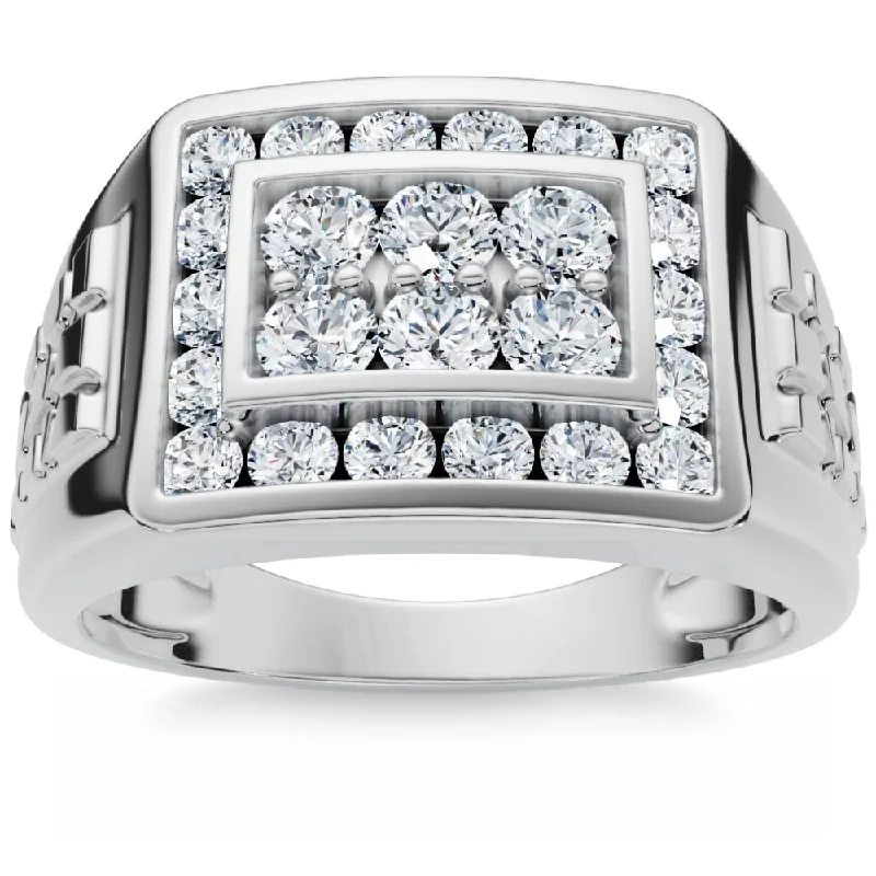 Women’s round cut diamond rings-1 Ct Men's Diamond Cluster Nugget Detail Ring in White Gold