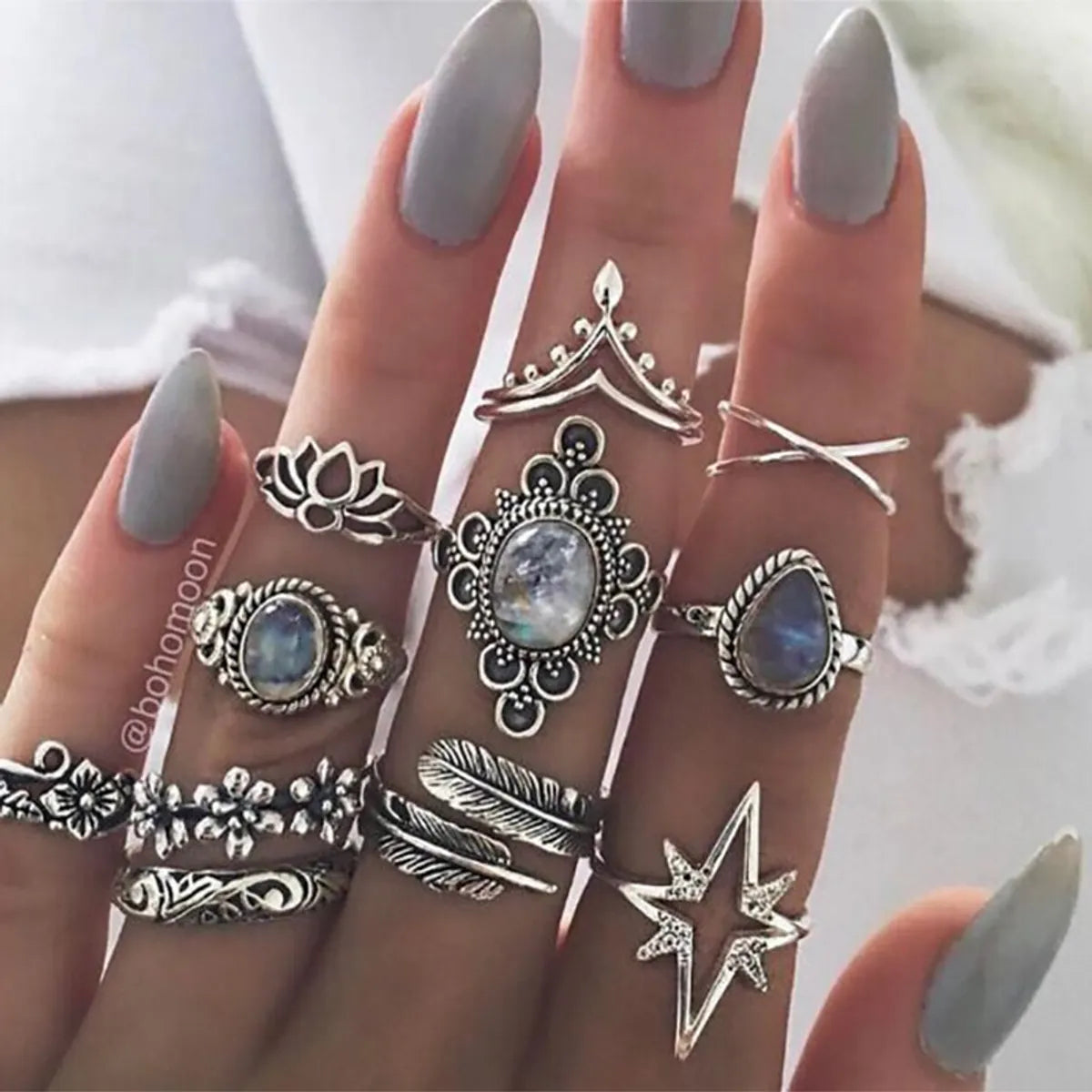 Women’s moonstone rings-Retro Engraved Starry Gemstone Lotus Starlight Feather Ring 11-Piece Set