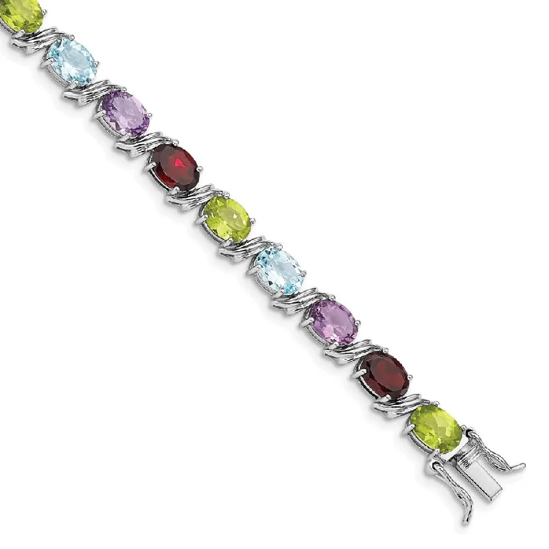 Women’s personalized bracelets-Sterling Silver Rhodium-plated Oval Multi-gemstone Bracelet-WBC-QG4923-7.5