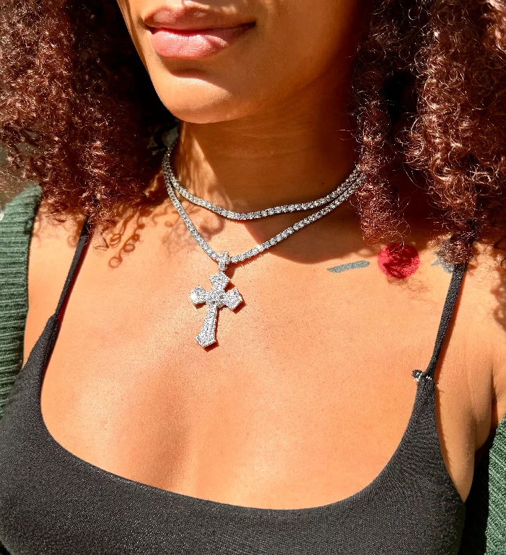 Women’s minimalist necklaces-Silver Tennis Chain Enchanted Cross Necklace