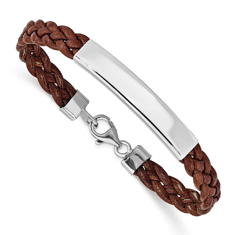 Women’s delicate bangle bracelets-Sterling Silver Rhodium-plated Brown Braided Leather Bracelet-WBC-QG1087-7