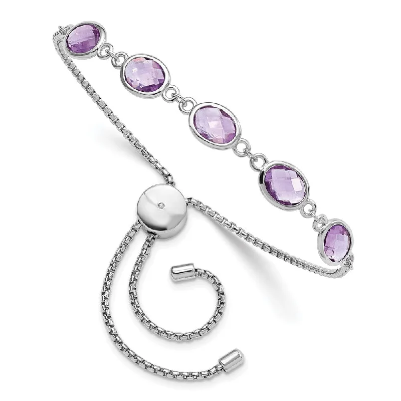 Women’s layered bangles-SterlingSilver Rhod-plated Amethyst 7.5AM & CZ Adjustable Bracelet-WBC-QG6222AM