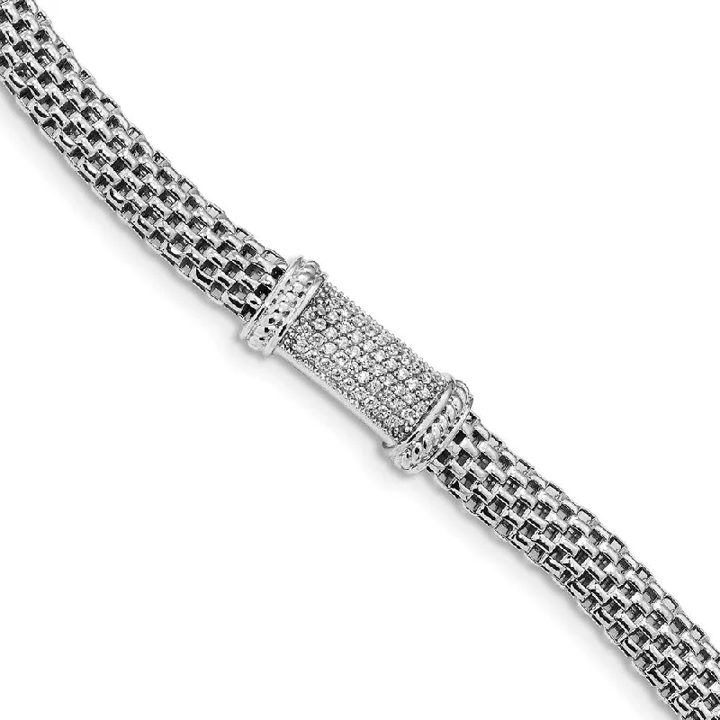 Women’s stackable bangles-Sterling Silver Rhodium Plated CZ Mesh Link Bracelet-WBC-QG4510-7.5