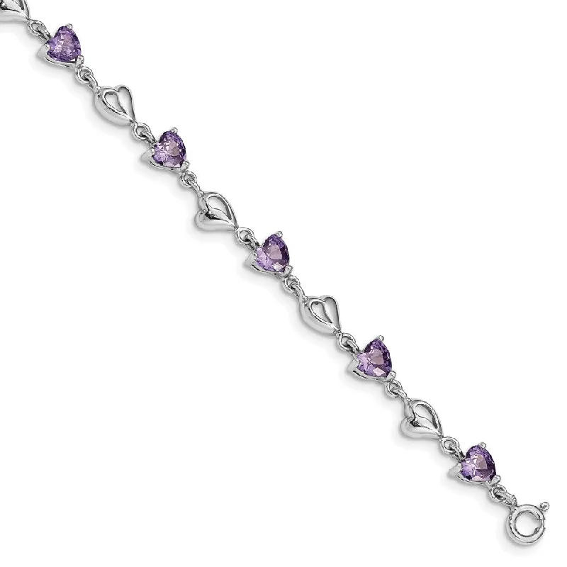 Women’s delicate bracelets-Sterling Silver Rhodium-plated Purple Crystal Hearts w/1in ext Bracelet-WBC-QG4919-6.5