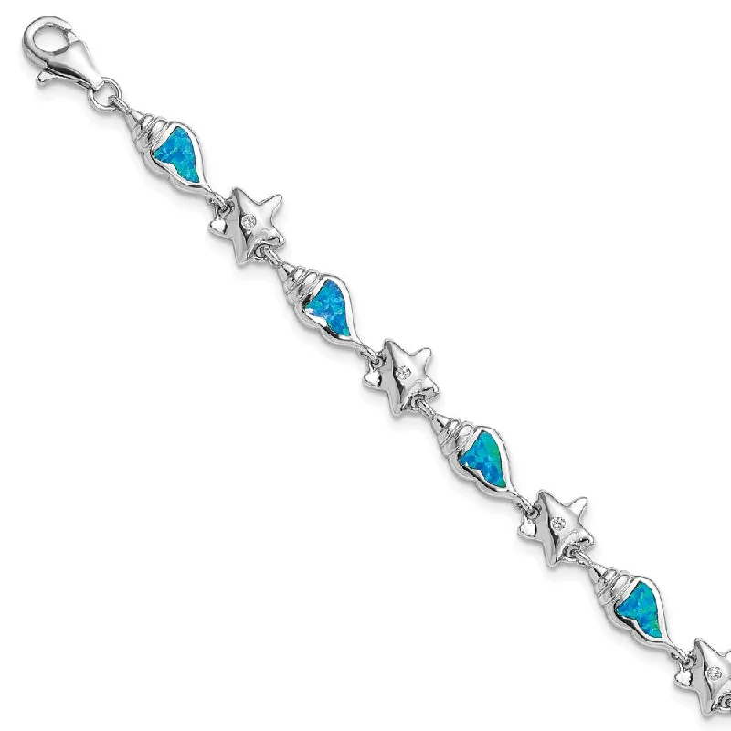 Women’s chunky bracelets-Sterling Silver Rhodium Starfish CZ/Created Opal Seashell Bracelet-WBC-QG3987-7.25