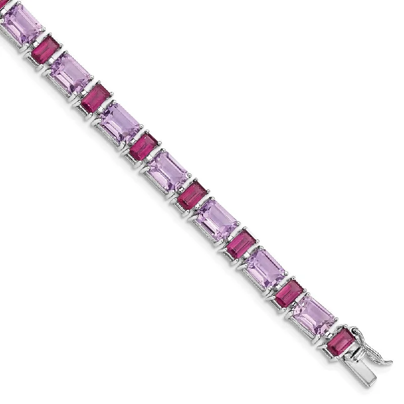 Women’s luxury charm bracelets-Sterling Silver Rhodium-plated Amethyst and Rhodolite Bracelet-WBC-QG4920-7.5