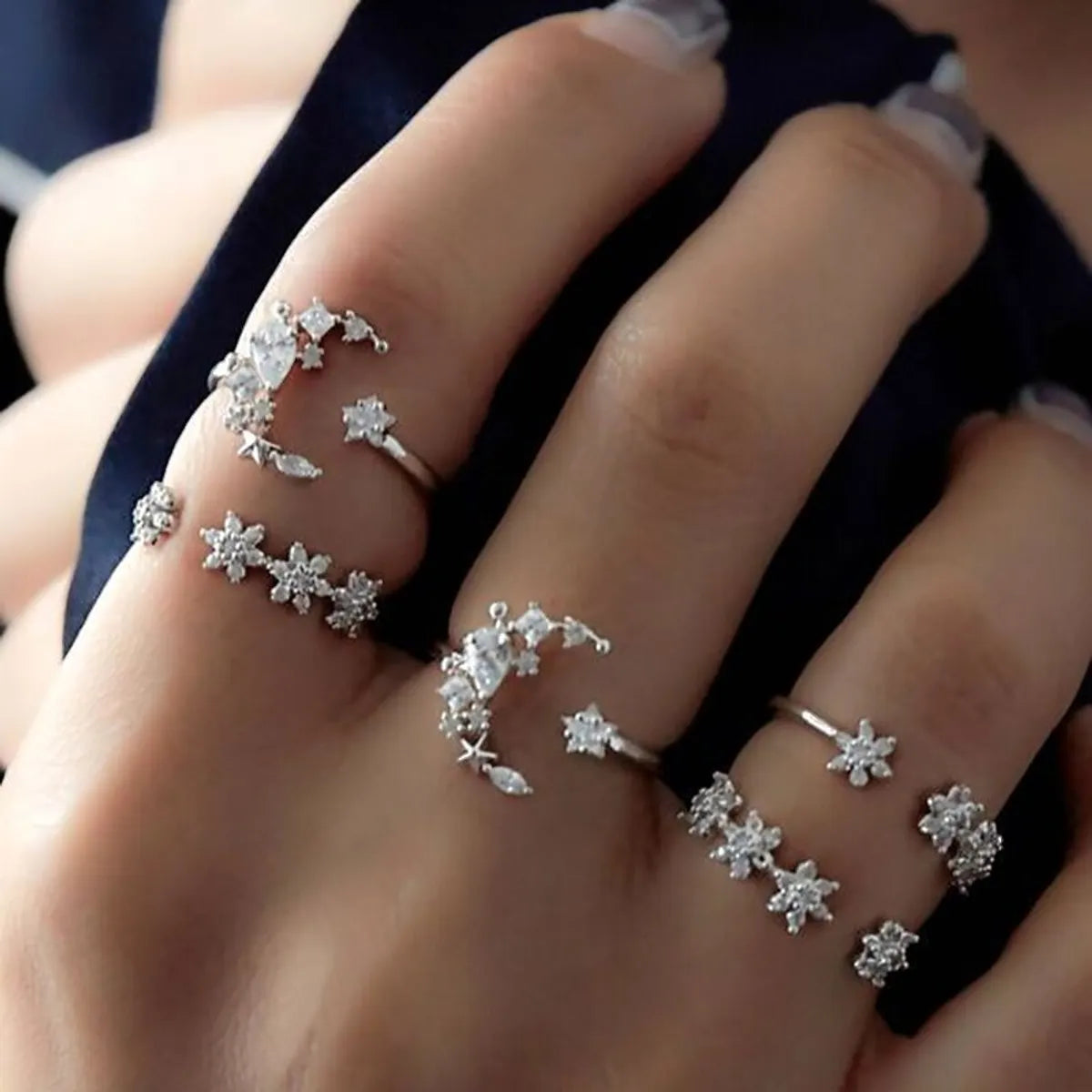 Women’s classic rings-Bohemian Retro Diamond Star Moon Crystal Ring 5-Piece Set