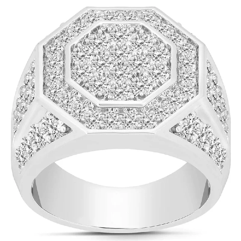 Women’s large statement rings-3Ct Men's Diamond Hexagon Cluster Ring White Gold