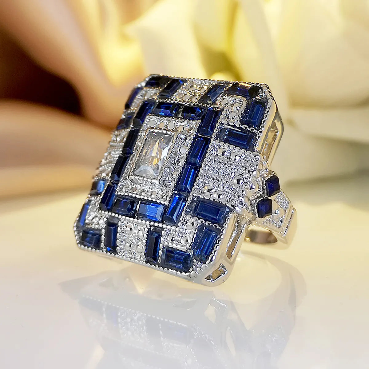 Women’s custom ring designs-1 Piece Retro Color Block Square Alloy Plating Inlay Rhinestones Silver Plated Women'S Rings