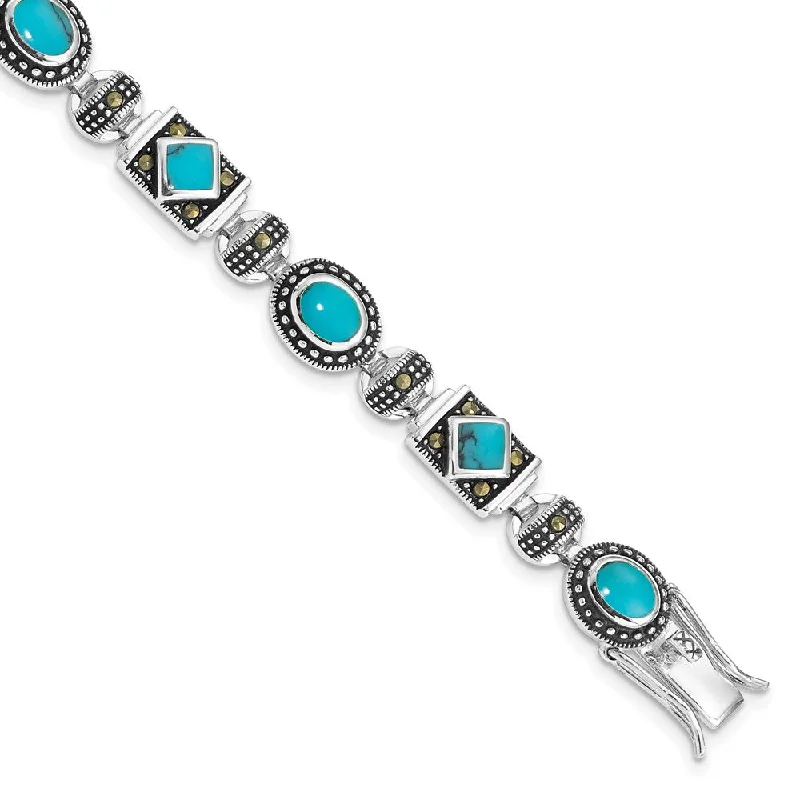 Women’s custom gemstone bracelets-Sterling Silver Rhodium-plated Synth Turquoise and Marcasite Bracelet-WBC-QH1035-7