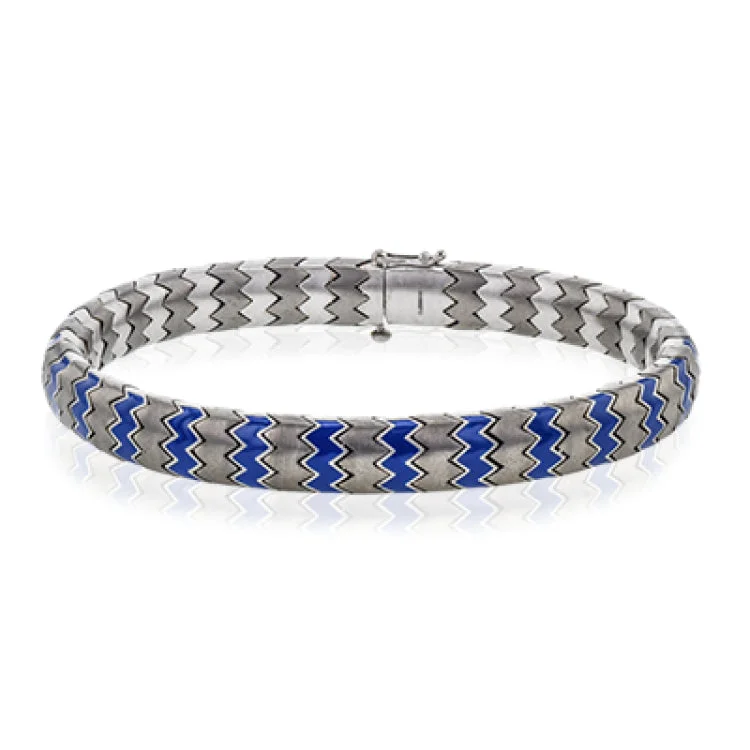 Women’s diamond bangle bracelets-This 14k white gold and titanium men's bracelet features accents of blue enamel within its python-like pattern.