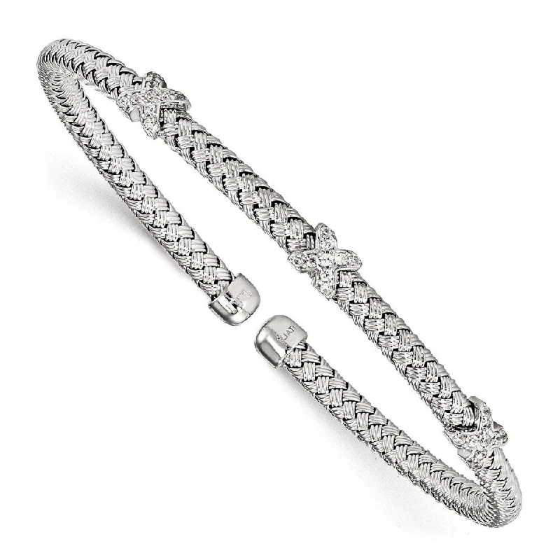 Women’s square bangles-925 Sterling Silver Rhodium-plated Cubic Zirconia Woven Cuff Bracelet, 6.75"