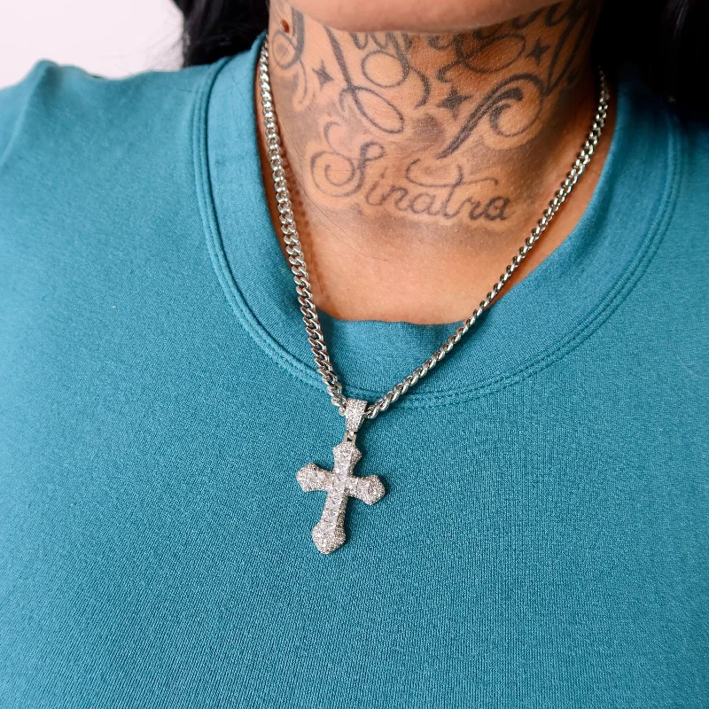 Women’s simple gold necklaces-Silver Icy Cross Cuban Link Necklace