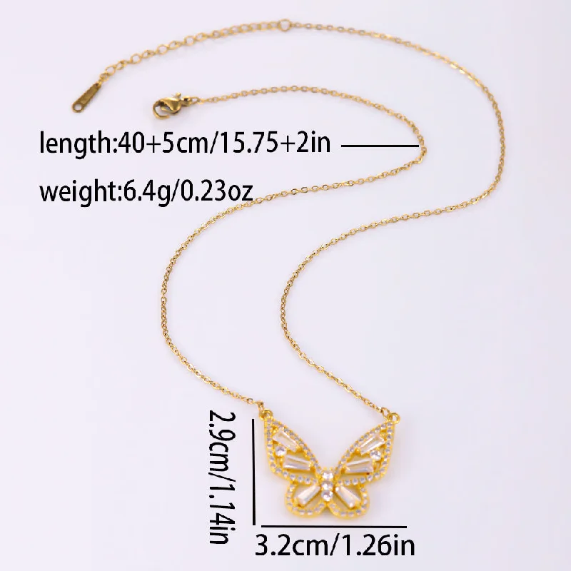 Women’s art deco necklaces-Elegant Butterfly Stainless Steel Artificial Gemstones Copper Inlay Zircon 18K Gold Plated Women's Pendant Necklace