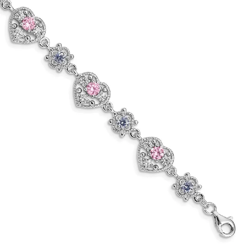 Women’s personalized bracelets-925 Sterling Silver Rhodium-plated Pink and Clear Cubic Zirconia Heart Bracelet, 7"