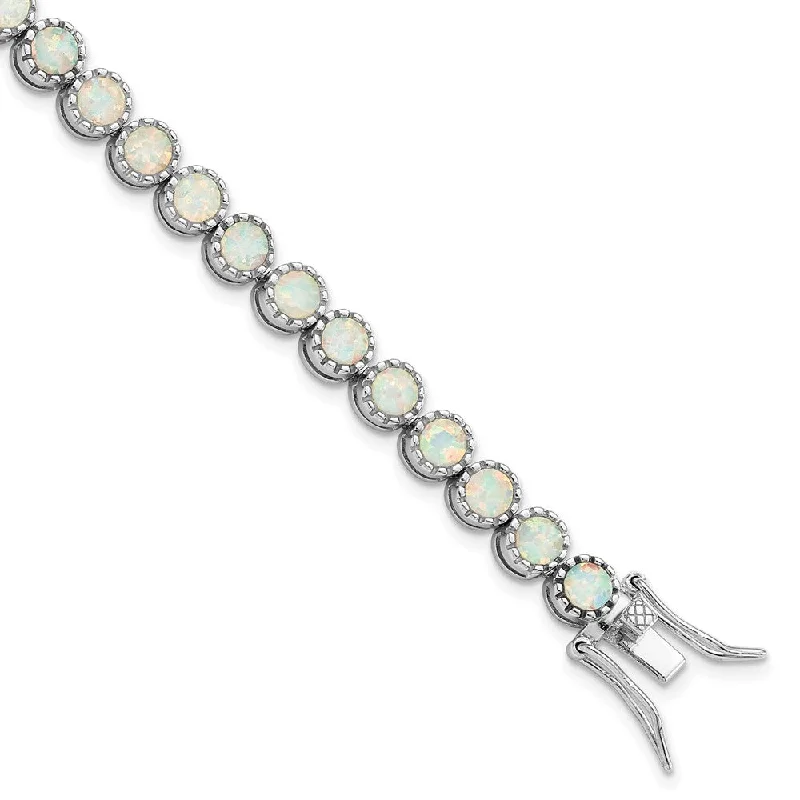 Women’s sparkly charm bracelets-Sterling Silver Rhodium-plated Beaded White Created Opal Inlay Bracelet-WBC-QG5925-7