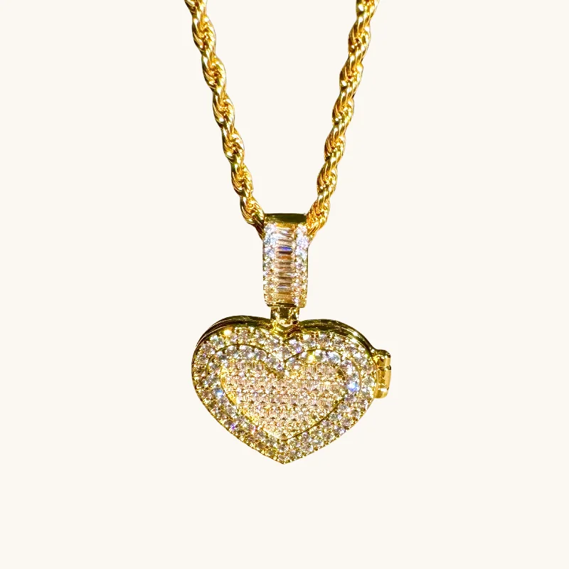 Women’s gemstone necklaces-Gold Icy Heart Picture Locket Necklace