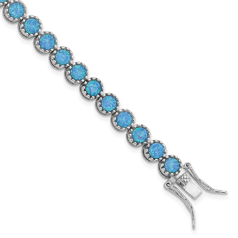 Women’s stylish cuff bracelets-Sterling Silver Rhodium-plated Beaded Blue Created Opal Inlay Bracelet-WBC-QG5921-7