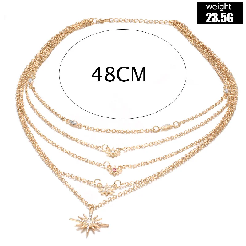 Women’s chic necklaces-Five-layer Chain Geometric Water Drop Round Ball Six-pointed Star Rhinestone Sapphire Necklace