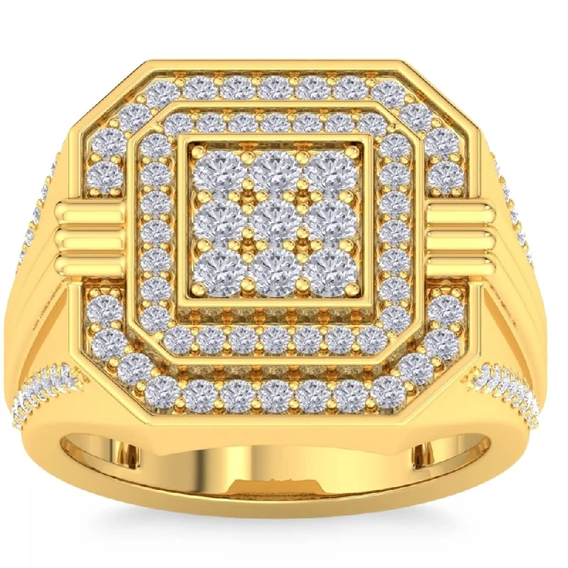 Women’s vintage-inspired diamond rings-1 3/4Ct Men's Diamond Square Multi-Diamond Double Octagon Frame Ring Yellow Gold