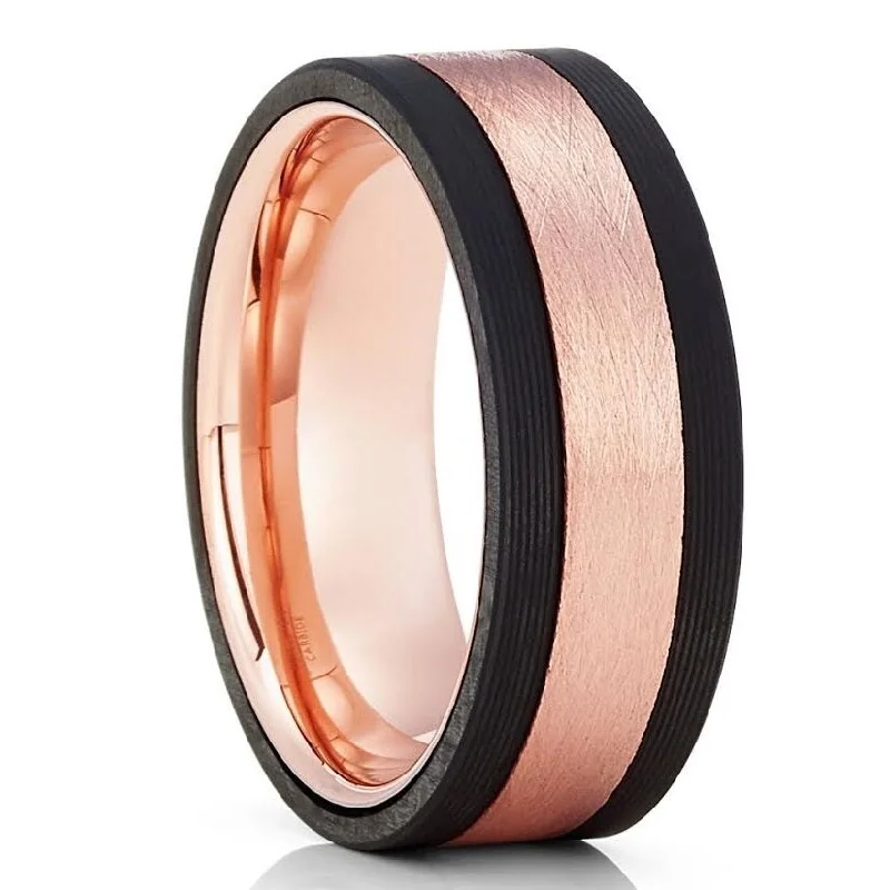 Women’s platinum rings-Rose Gold And Black Tungsten Carbide Ring 8Mm Comfort Fit Sizes 715