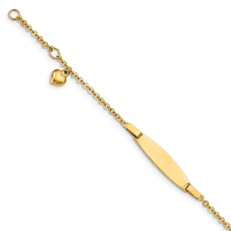 Women’s minimalist bracelets-14k Yellow Gold 5mm Polished w/Dangling Heart Baby ID Bracelet, 4.5" w/0.5in Extender