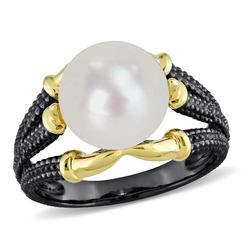 Women’s custom-made rings-Miadora Mens 10.5-11 mm White Cultured Freshwater Pearl Ring in Yellow and Black Silver