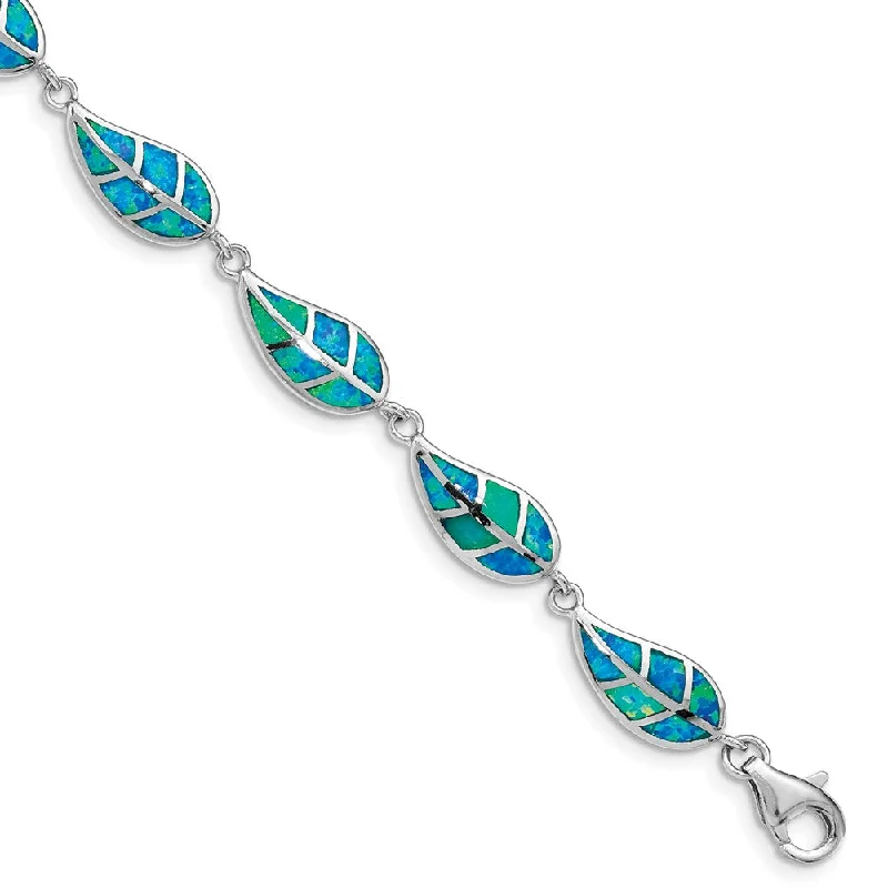 Women’s bridal bracelets-Sterling Silver Rhodium-plated Lab Created Opal Inlay Leaf Bracelet-WBC-QG4823-7.5