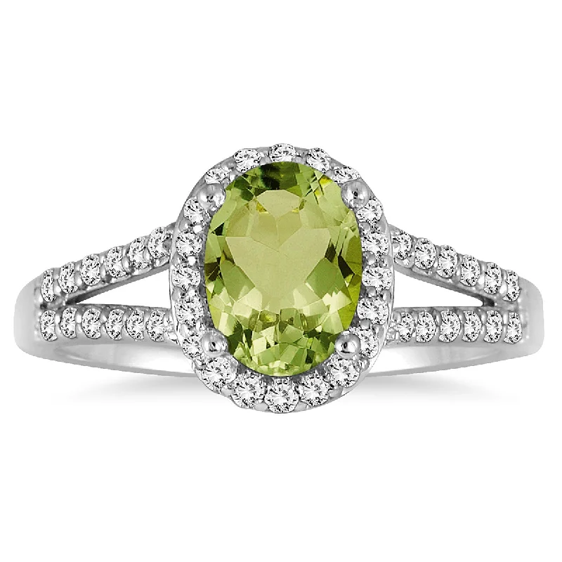 Women’s ruby and diamond engagement rings-1 1/4 Carat Oval Peridot And Diamond Ring In 10K White Gold