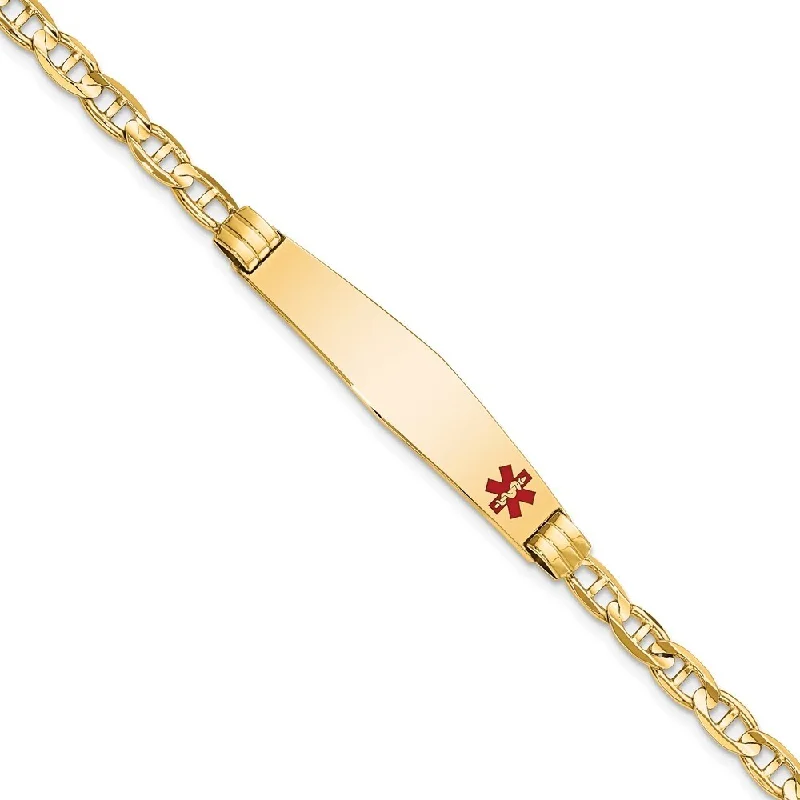 Women’s stackable bangles-14k Yellow Gold 9mm Medical Soft Diamond Shape Red Enamel Anchor Link ID Bracelet, 7"