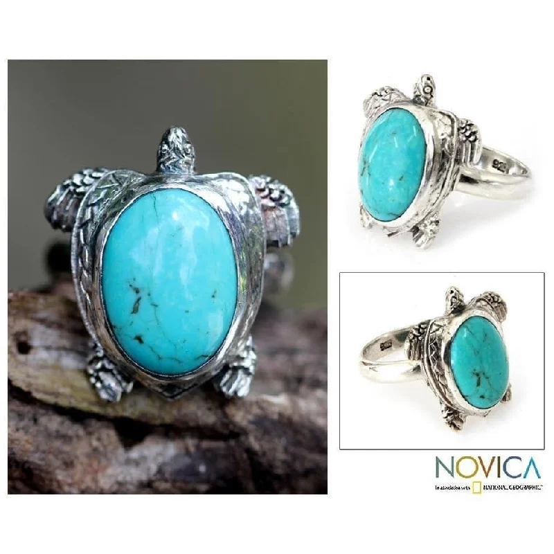 Women’s two-tone rings-NOVICA Handmade Sterling Silver Men's 'Chelonia Turtle' Turquoise Ring (Indonesia) - Blue