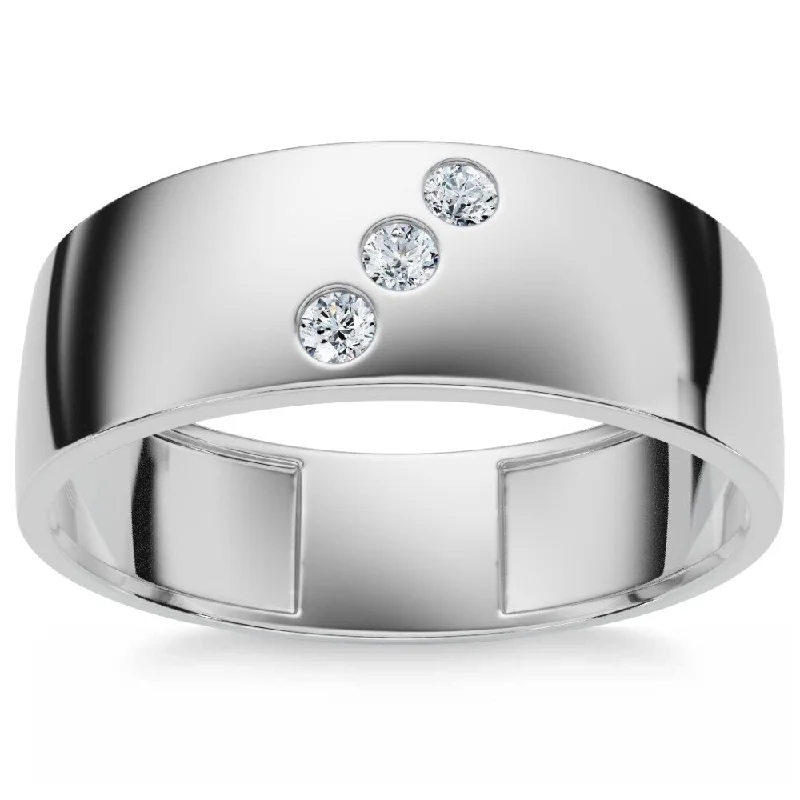 Women’s diamond solitaire rings-Mens Three Stone Diamond Ring White Gold High Polished 7mm