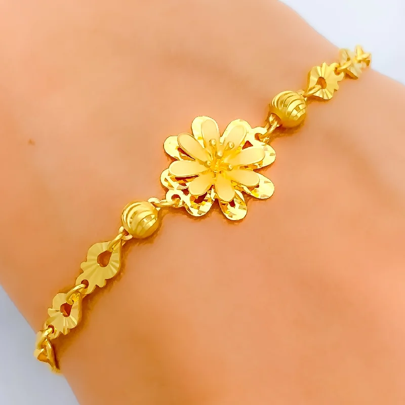 Women’s custom gemstone bracelets-Unique Satin Finish 22k Gold Floral Bracelet