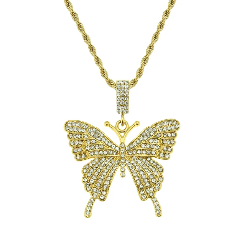 Women’s stackable necklaces-Simple Trendy Full Diamond Butterfly Pendant Necklace