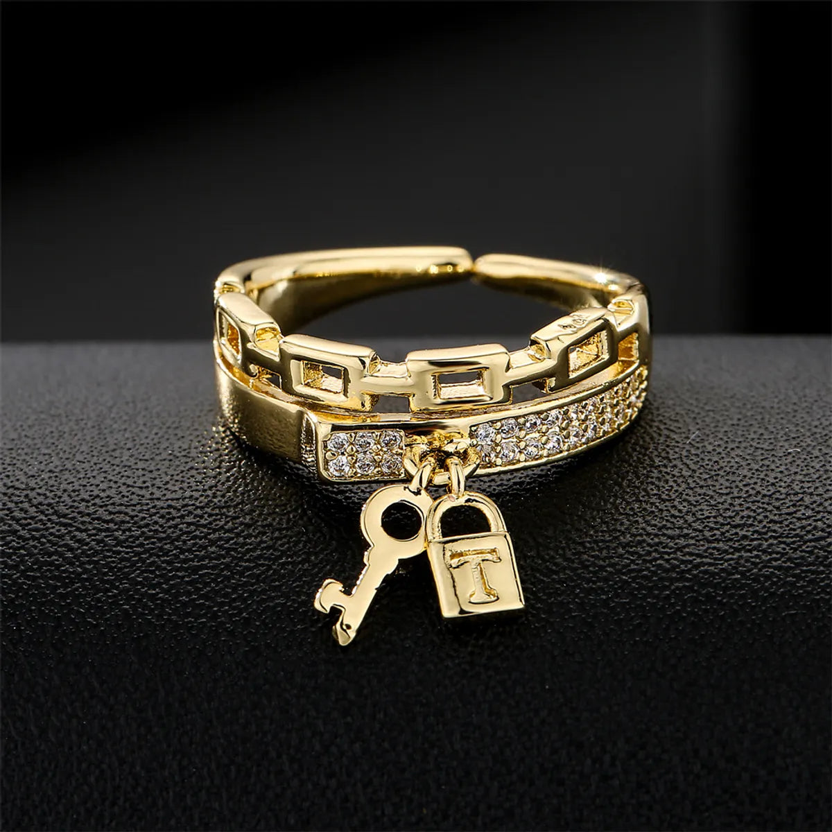 Women’s trendy gemstone rings-Fashion Copper Plated 18k Gold Chain Key Lock Geometric Open Ring Female