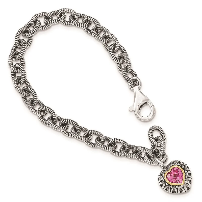 Women’s delicate bracelets-Sterling Silver w/14k Created Pink Sapphire Heart Charm Bracelet-WBC-QTC1523