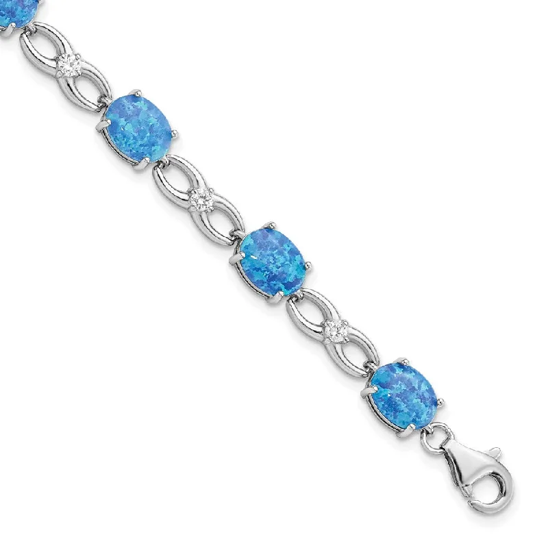 Women’s adjustable bracelets-Sterling Silver Rhodium-plated Polished Blue Created Opal & CZ Bracelet-WBC-QG5922-7.25