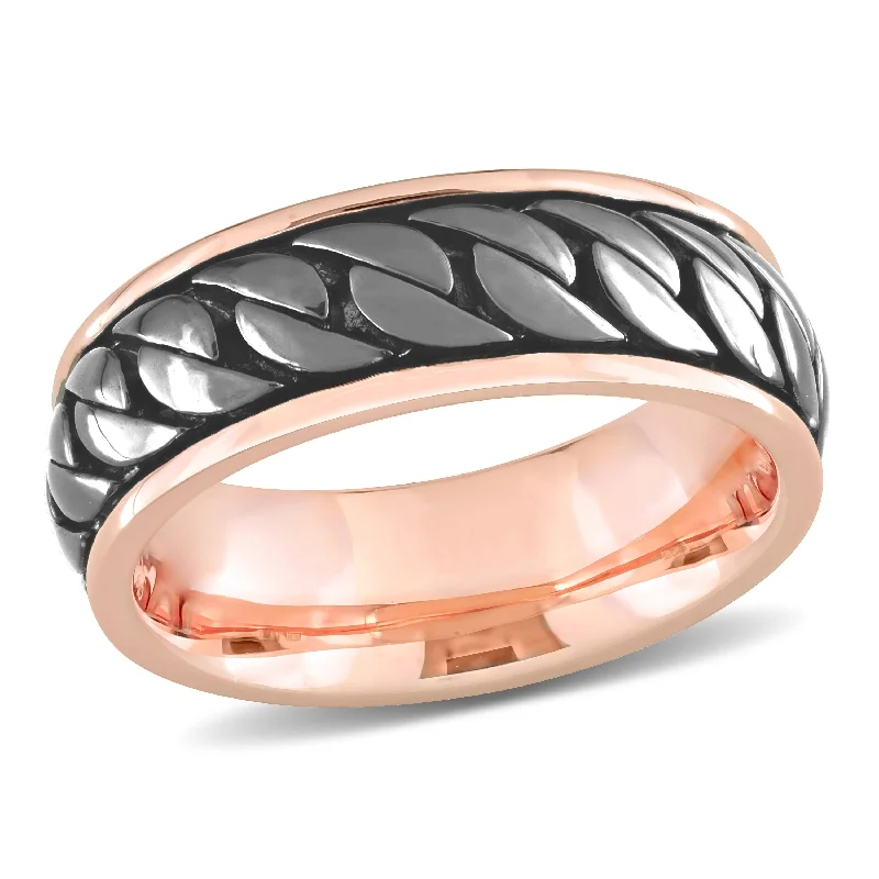 Women’s antique rings-Miadora Ribbed Design Mens Ring in Rose Silver with Black Rhodium Plating